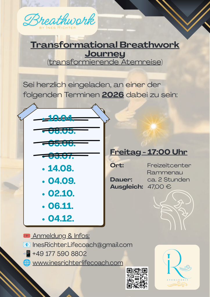 Flyer der Transformational Breathwork Journey mit den Terminen, freitags 17 Uhr im Freizeitcenter Rammenau, Dauer ca. 2 Stunden, Ausgleich 47 Euro