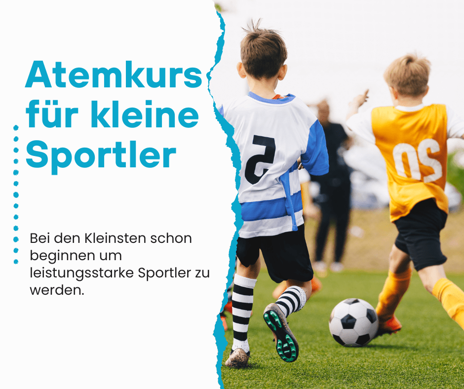 Zwei Kinder spielen Fußball, dazu der Text Atemkurs für kleine Sportler